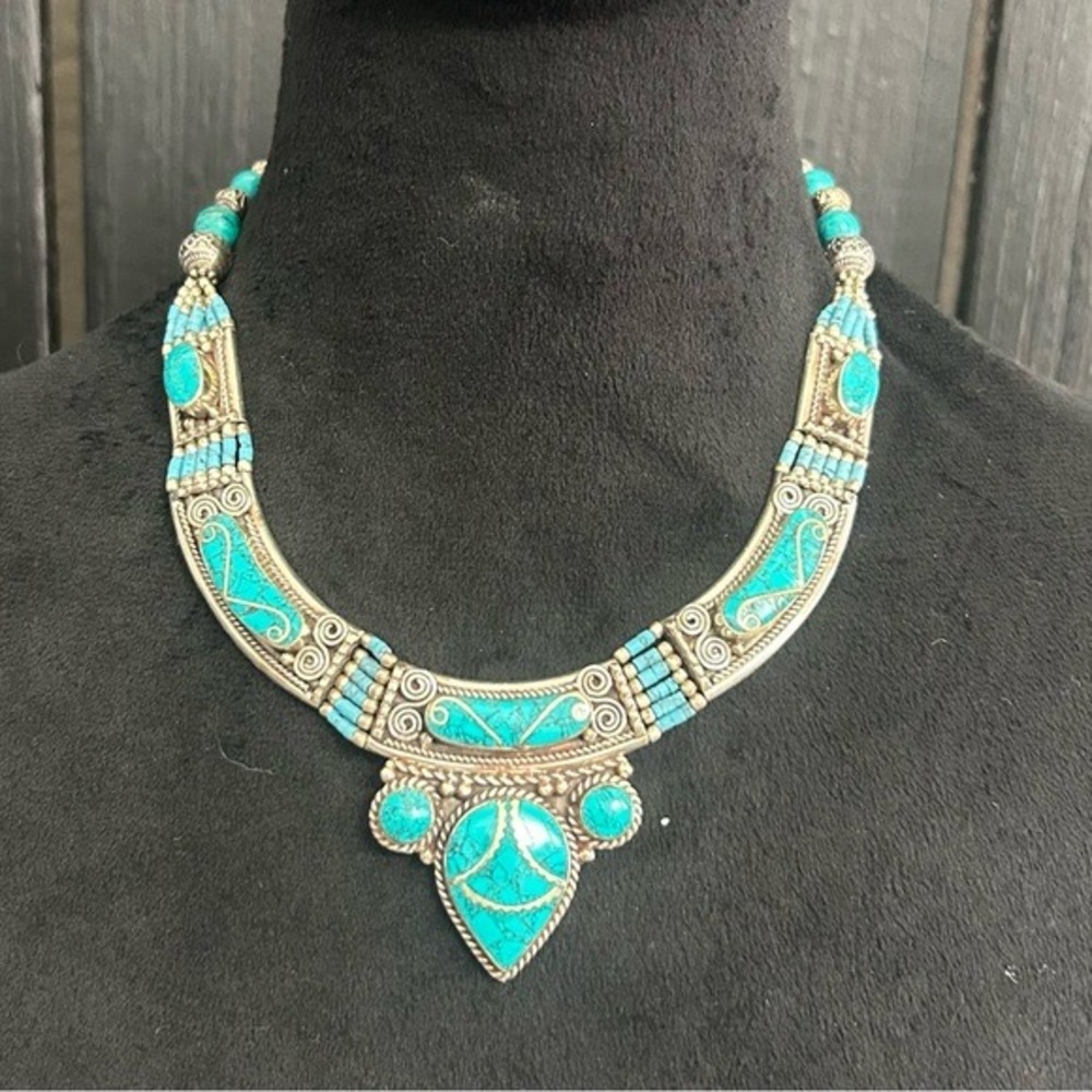 Handmade Turquoise Inlay Statement Necklace Tibetan Nepali Inspired Boho Silver